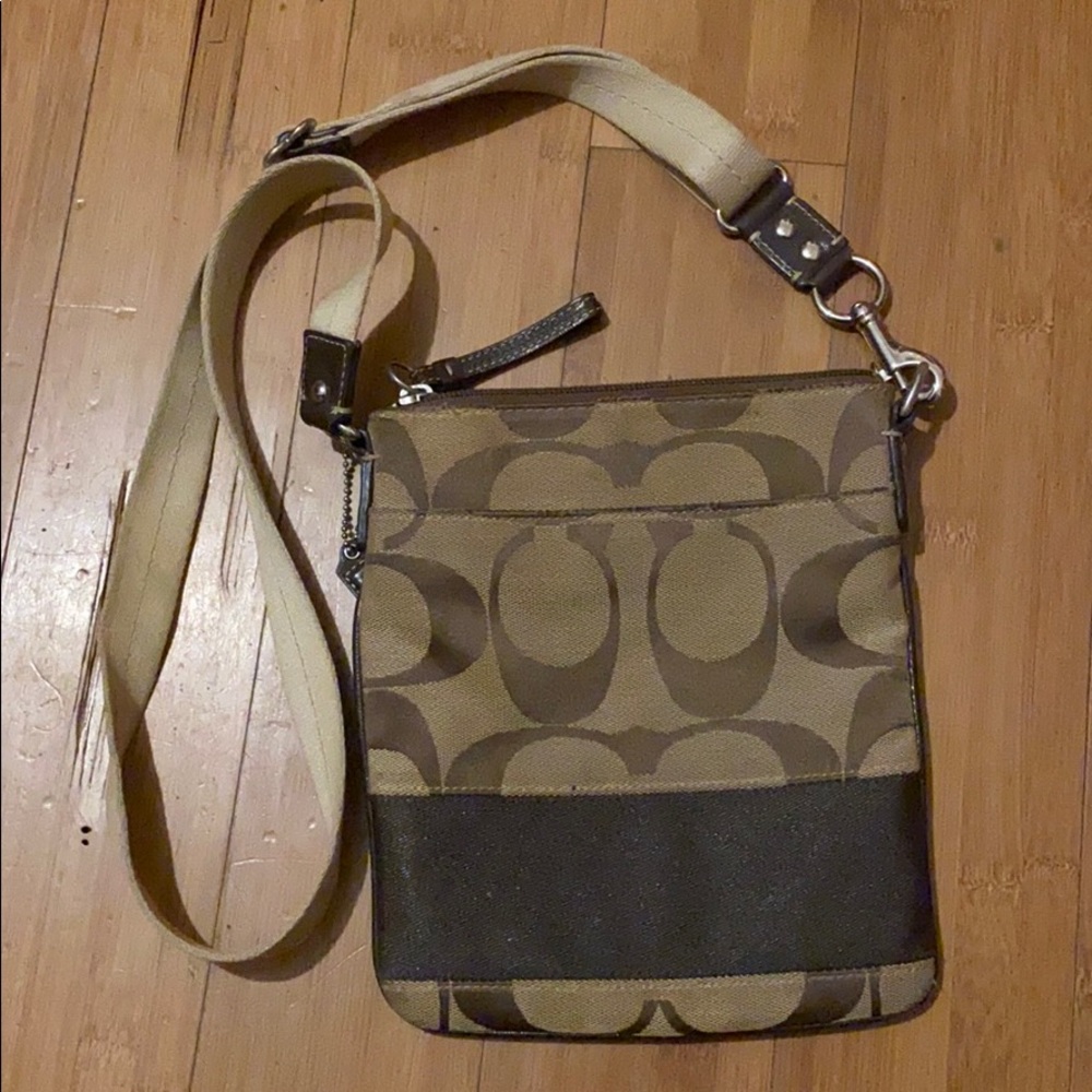 Coach Signature Khaki and Brown Crossbody Bag